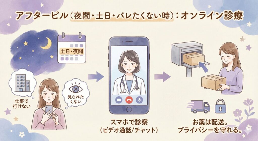 夜間・土日やバレたくない時：オンライン診療
