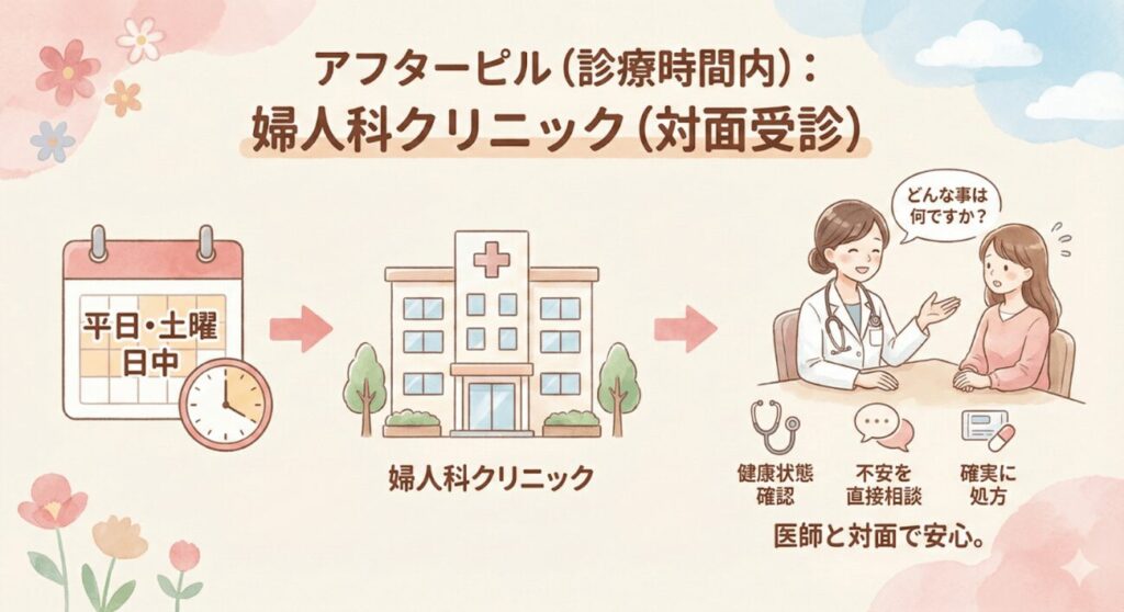 診療時間内なら：婦人科クリニック（対面受診）