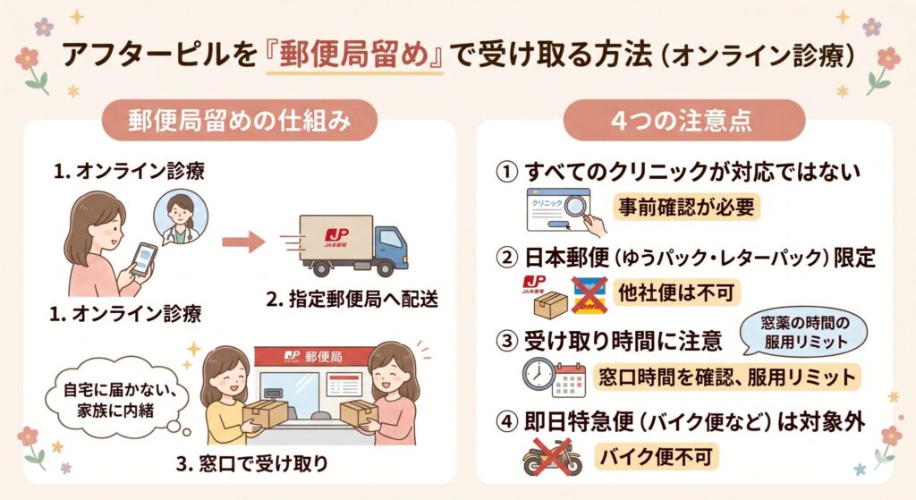 アフターピルを『郵便局留め』で受け取る方法(オンライン診療)