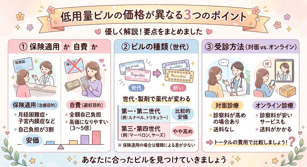 低用量ピルの価格が異なる3つのポイント