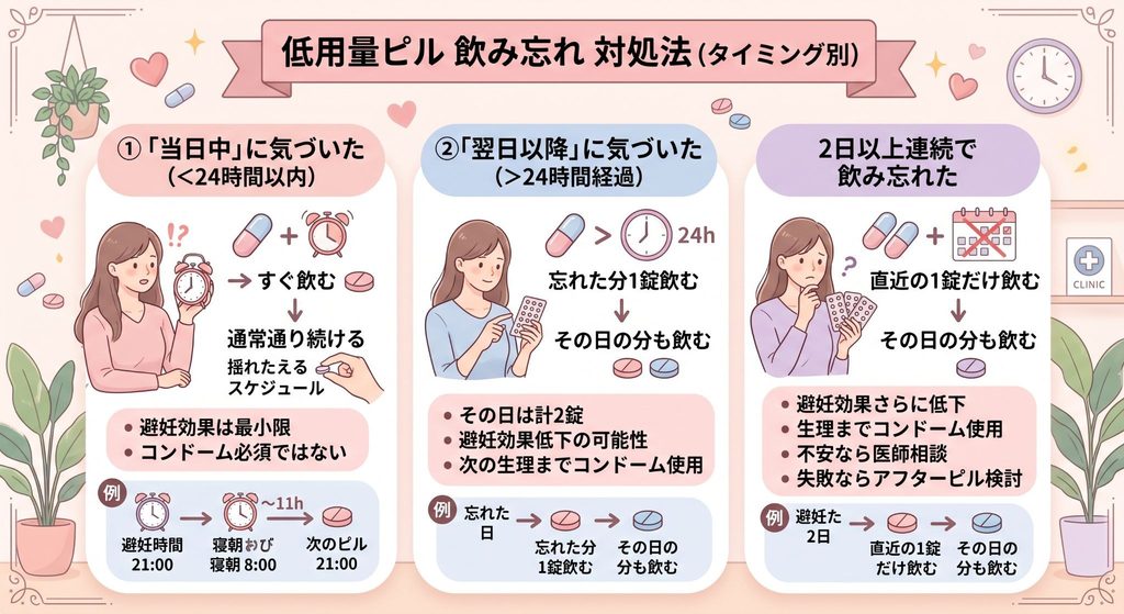 低用量ピル　飲み忘れ　対処法（タイミング別）