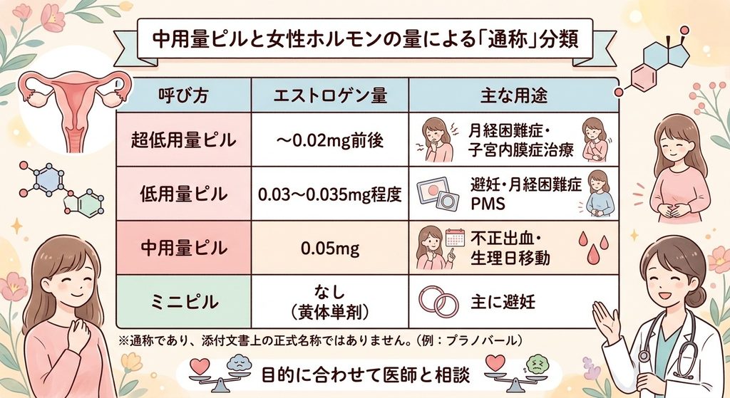 中用量ピルと女性ホルモンの量による「通称」分類